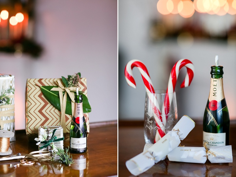 Christmas presents candy canes and champagne